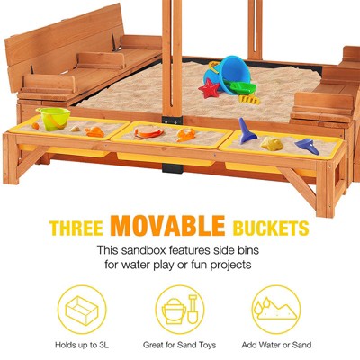 Large Wooden Sandbox with Adjustable Canopy and Toy Bin Storage