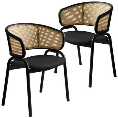 LeisureMod Upholstered Dining Chair in Leather with Wickered Back and Stainless Steel Legs Ervilla Series Set of 2