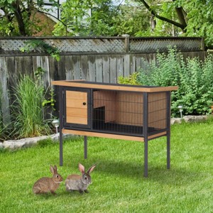 Outdoor Rabbit Hutch with Metal Frame and No Leak Tray,Weather Resistant Bunny Cage with Openable Roof for Guinea Pigs - LAOTIES - 1 of 4
