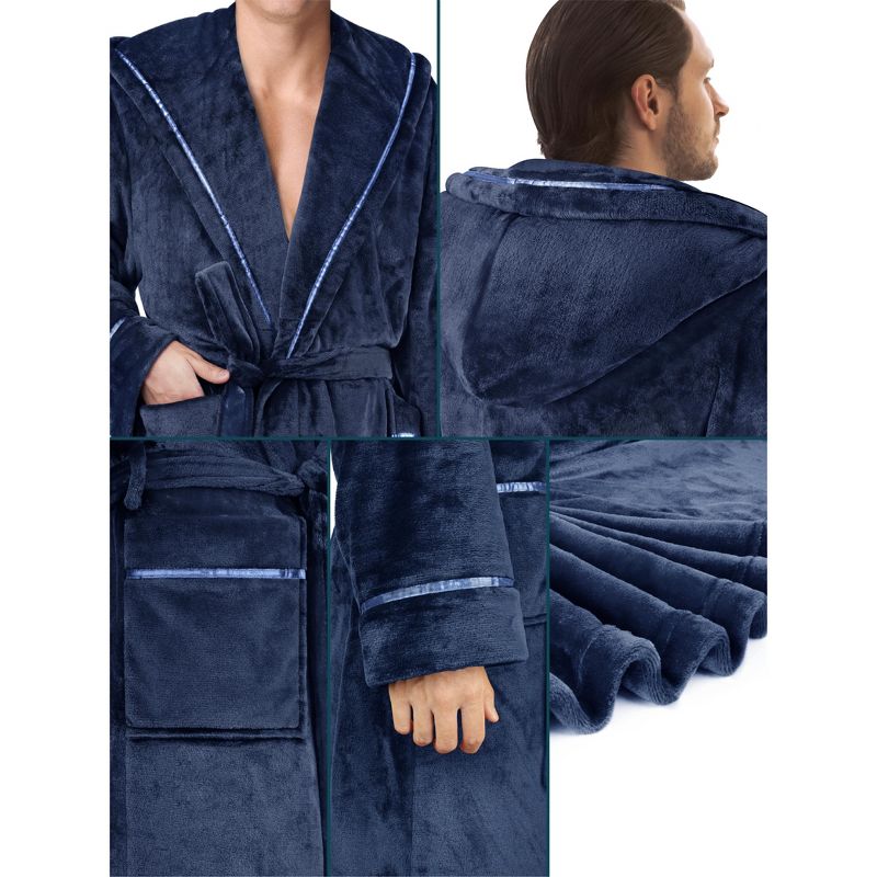 PAVILIA Mens Robe, Hooded Soft Bathrobe for Men, Fleece Plush Warm Shawl Collar Hood Pockets for Bath Shower Spa, 3 of 9