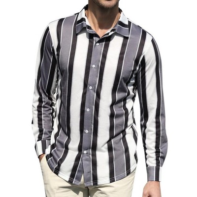 Men's Casual Striped Button Down Shirts Stretch Long Sleeve Vacation Beach Shirts