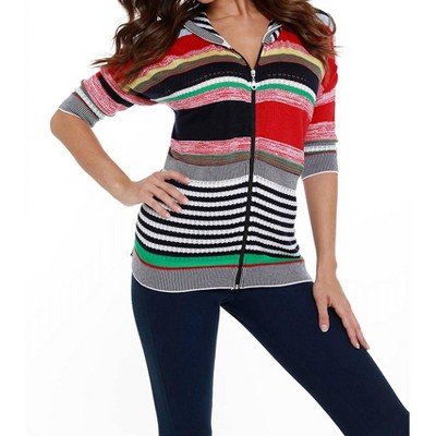 Women's Striped 3/4 Zip Hooded Cardigan - ANGEL