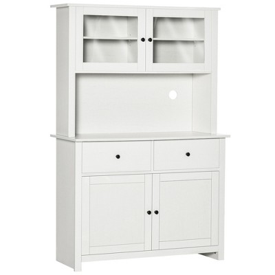 HOMCOM 63.5" Kitchen Buffet with Hutch, Pantry Storage Cabinet with 4 Shelves, Drawers, Framed Glass Doors, Open Microwave Countertop