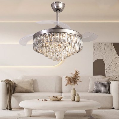 42 Inch Crystal Chandelier Ceiling Fan with Remote Control 3 Color Change Light 6 Speed Retractable Blades Fan for Restaurant Vintage Silver
