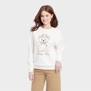Women's Country Music Teddy Bear Graphic Sweatshirt - White - 1 of 3