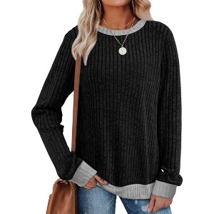 Women's Long Sleeve Color Block Tunic Sweater Tops Lightweight Loose Fit Fall Casual Crewneck Shirts - 1 of 4