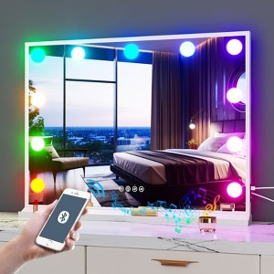 ARTLOGE 32x24in LED Vanity Mirror with Lights Bluetooth Tabletop Wall Mount Metal White with 11 Bulbs, Bluetooth, 3 Colors and RGB, USB Charging Port - 1 of 4