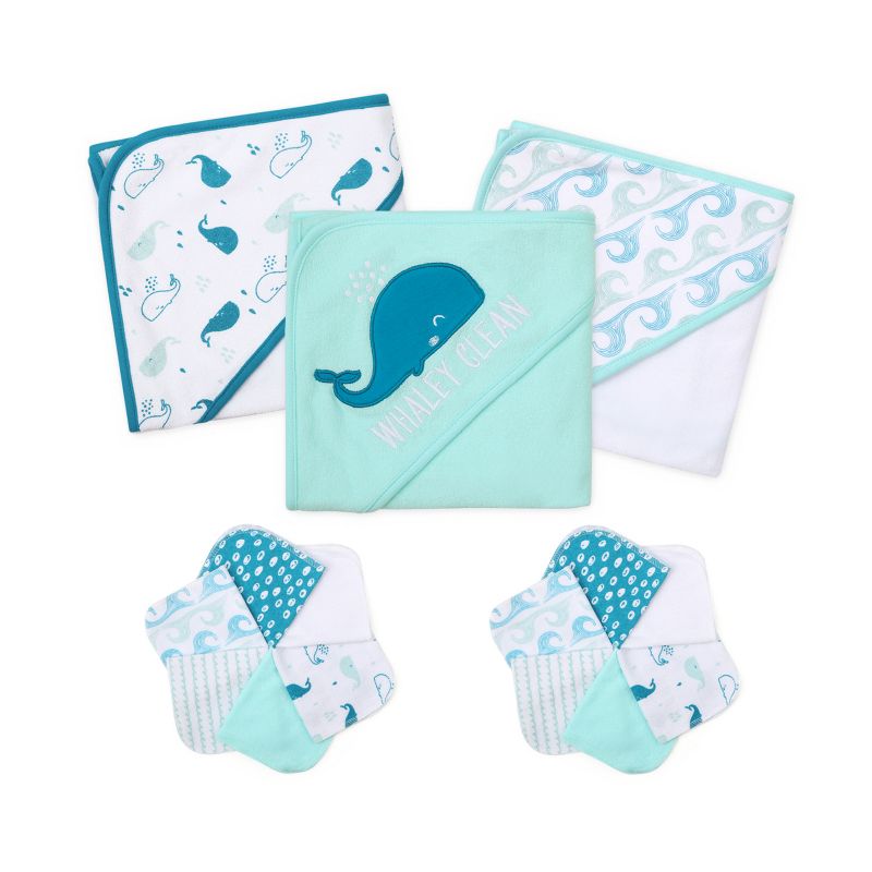 The Peanutshell Nautical Whale Tail 23-Piece Baby Bath Towel Set in Aqua/Teal/White, 2 of 8