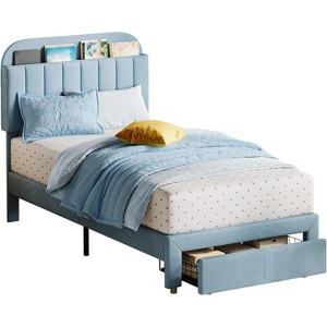 Tackview Twin Bed Frame Velvet Upholstered Platform Bed with Bookcase Headboard for Kids Girls - 1 of 4