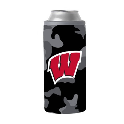 NCAA Wisconsin Badgers 12oz Black Camo Slim Can Cooler