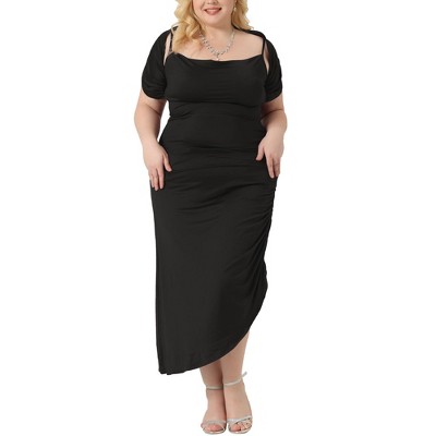 Agnes Orinda Women's Plus Size Spaghetti Strap Cowl Neck Ruched Cami with Shawl Maxi Bodycon Dress