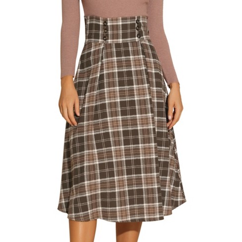 Allegra K Women's Plaid High Elastic Waist Vintage Fall A-Line Midi Skirt  Brown X-Small