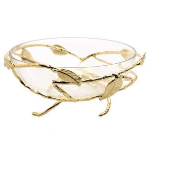 Classic Touch Hammered Glass Salad Bowl with Gold Brass Leaf Decoration