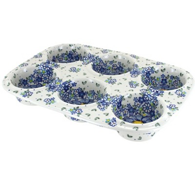 Blue Rose Polish Pottery Blue Starflower Muffin Pan