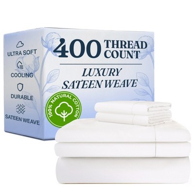 100% Cotton 400 Thread Count 4 Piece Sheet Set - Soft & Cozy Sateen Bed Sheets - CGK Linens