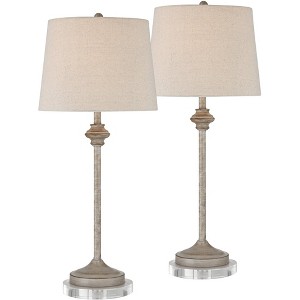 360 Lighting Lynn Country Cottage Buffet Table Lamps Set of 2 with Round Risers 27 3/4" Tall Beige Wood Oatmeal Drum Shade for Bedroom Living Room - 1 of 4