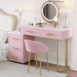 Okak Elegent Makeup Vanity with Velvet Upholstered Chair, Vanity Desk with 5 Big Drawers and Adjustable Storage, Vanity Table for Bedroom - 1 of 4