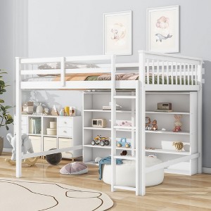NicBex Full Size Loft Bed Pine Bed Frame with 8 Open Storage Shelves, Ladder and Full Length Guardrail, No Box Spring Required, White - 1 of 4