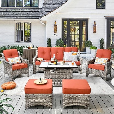 XIZZI 6 Pieces Furniture Set with Fire Pit Table, All Weather Wicker Furniture Set with 3-Seat Sofa and Ottomans, Rattan Conversation Set