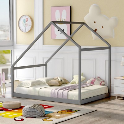 CAVINAS Twin/Full Size Small House Bed Frame,Modern Floor Bed for Kids Room,Bedroom