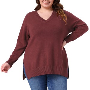 Women's Plus Size V Neck Long Sleeve Slit Hem Casual Pullover Fall Winter Knit Sweater - Agnes Orinda - 1 of 4