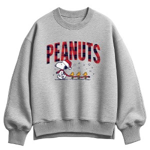 Women's Peanuts Plaid Snoopy & Woodstock Oversized Fleece Crew