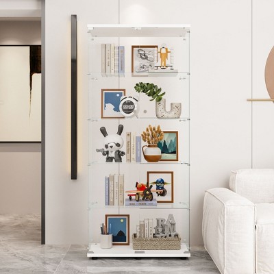 White Double-Door Glass Display Cabinet: 5 Shelves, Quick Install - Ideal for Living Room, Bedroom, Office