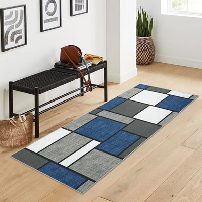 Machine Washable Runner Rug Geometric Print Distressed Carpet with Anti Slip Backing Ultra-Thin Lightweight Accent Rug Low Pile Foldable Runner