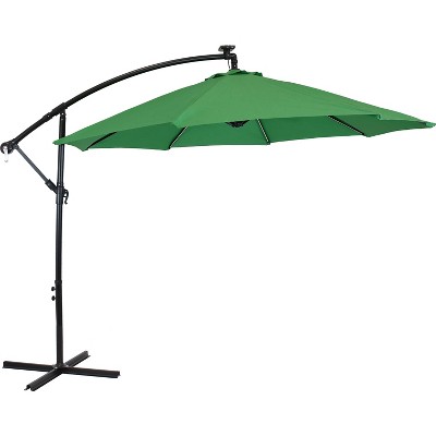 Sunnydaze Outdoor Steel Cantilever Offset Patio Umbrella with Solar LED Lights, Air Vent, Crank, and Base - 9' - Emerald