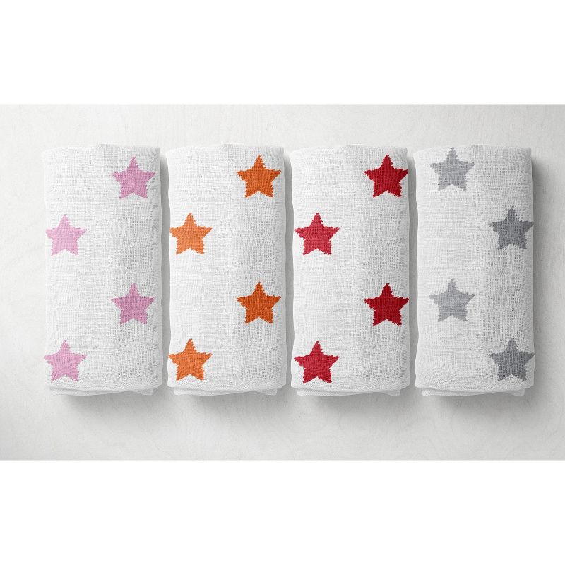 Bacati - Stars Girls Swaddling Muslin Blankets of 4 (Pink, Orange,Red,Gray), 1 of 6