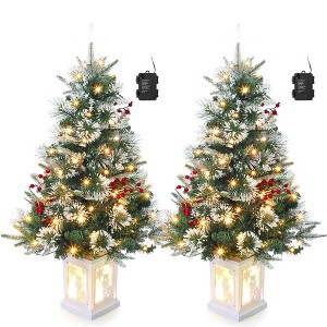 3FT Pre Lit Premium Potted Flocked Arctic Fir Christmas Tree , Artificial Mini Pre Lit Xmas Tree Christmas Decoration Snowman White Base - 1 of 4