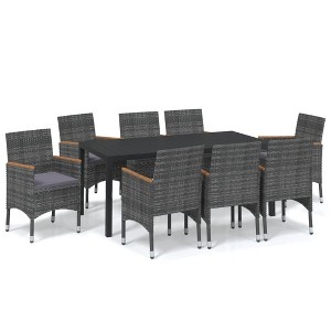vidaXL Patio Dining Set with Cushions Poly Rattan Gray and Brown - 9 Piece, 72.8" Table Length, 8 Chairs - 1 of 4
