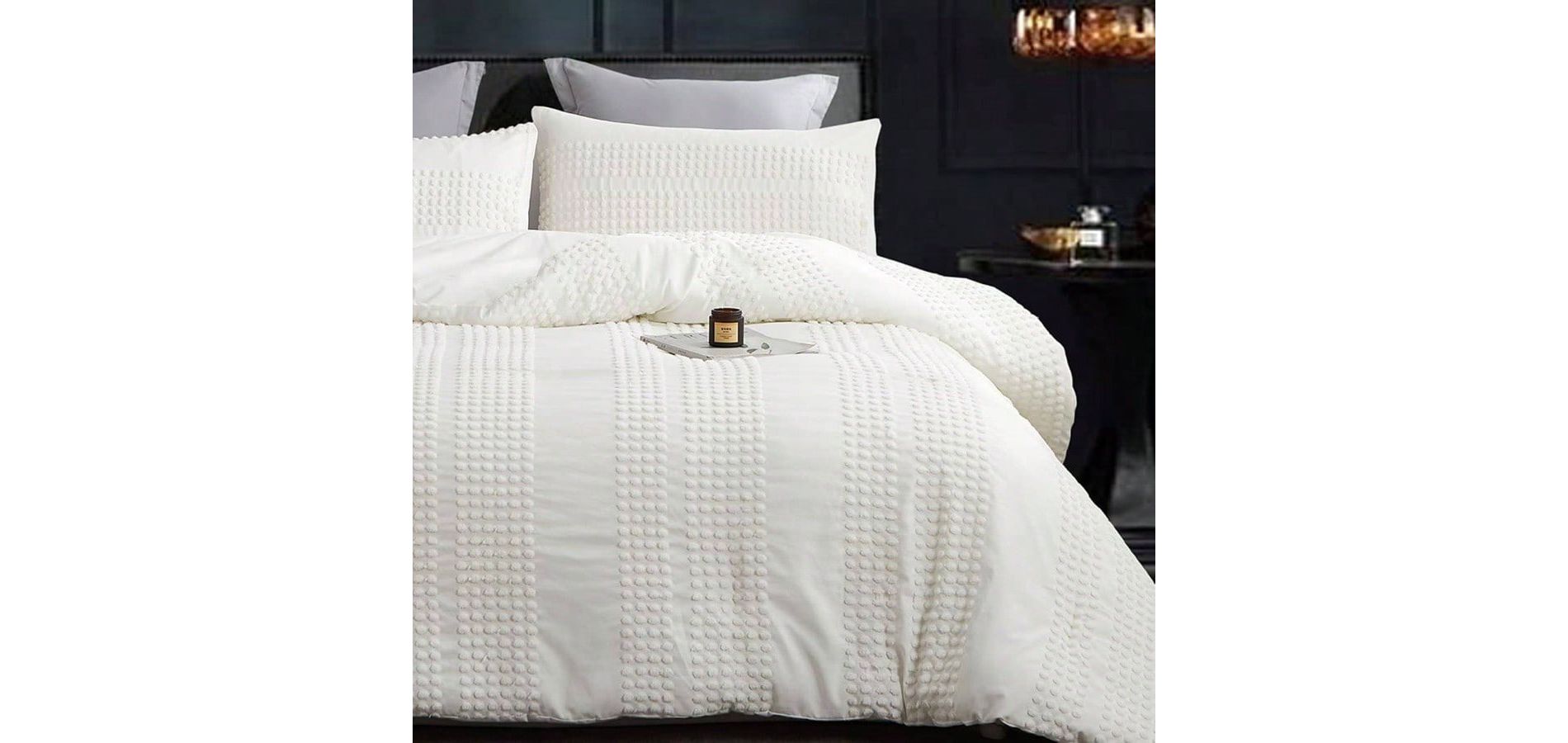 King Size Comforter Set, White Boho Tufted Lightweight 3PCS Bedding with Pom Pom and 2 Pillow Cases