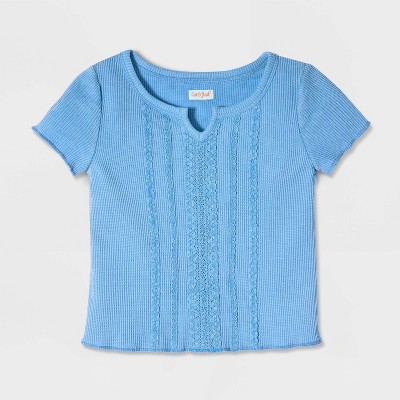 Cat & Jack Girls' Short Sleeve Fitted Lace Trim Waffle Knit T-Shirt - Cat & Jack™ Cream S — фото 2