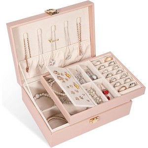 2-Layer Pink PU Leather Jewelry Box, Vintage Organizer with Removable Tray for Necklaces, Earrings, Rings, Bracelets - 1 of 4