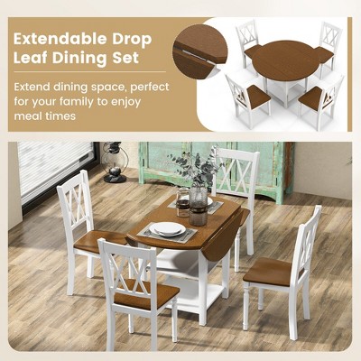 Walnut and White 5-Piece Round Dining Set with Drop Leaf Table