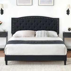 Queen Bed Frame with Height-Adjustable Upholstered Headboard, Platform Bed with Wooden Slats Support, No Box Spring Needed, Black - 1 of 4