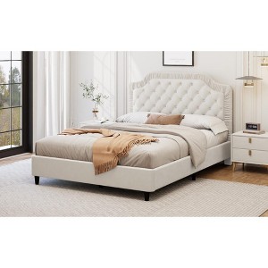 DOMETOUR Queen Size Upholstered Bed with Ruched and Button Tufted Headboard, No Box Spring Needed,Velvet, White - 1 of 4