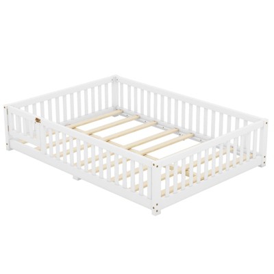 SEVOBAL Kids Bedroom Twin Size Floor Bed Frame With Safety Guardrails Door Removable Slats No Box Spring Needed for Kids, Brown, 78.15"*18.5"*5.31"