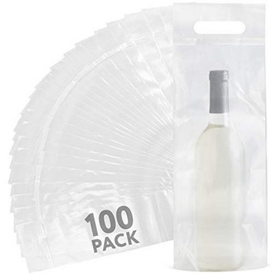 Impresa Wine Bags with Handles - 100 Pack - Clear Plastic To Go Bags - Fits 25 oz Bottles - Tamper Proof Seal