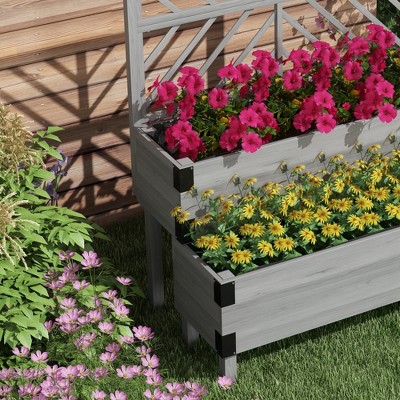 Gray 2-Tier Wooden Raised Garden Bed with Trellis and Metal Corners