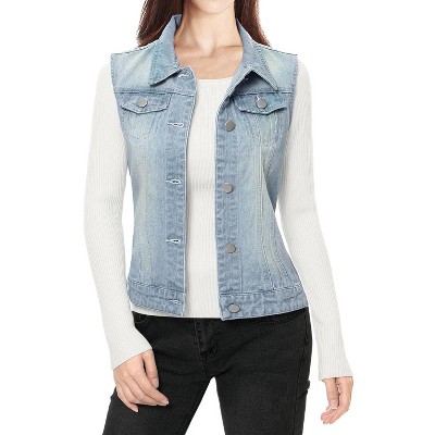 INSPIRE CHIC Women's Buttoned Washed Denim Vest with Faux Chest Flap Pockets