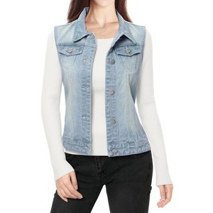 INSPIRE CHIC Women's Buttoned Washed Denim Vest with Faux Chest Flap Pockets - 1 of 3