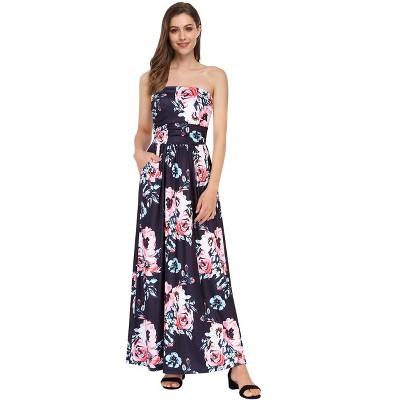 Women Strapless Maxi Boho Vintage Summer Beach Floral Print Hawaiian Party Long Dress