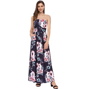Women Strapless Maxi Boho Vintage Summer Beach Floral Print Hawaiian Party Long Dress - 1 of 3