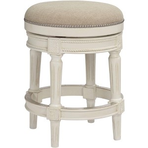 55 Downing Street Oliver Wood Swivel Bar Stool Distressed White 24 1/2" High Traditional Cream Round Cushion with Footrest for Kitchen Counter Island - 1 of 4