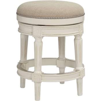 55 Downing Street Oliver Wood Swivel Bar Stool Distressed White 24 1/2" High Traditional Cream Round Cushion with Footrest for Kitchen Counter Island