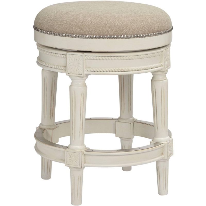 55 Downing Street Oliver Wood Swivel Bar Stool Distressed White 24 1/2" High Traditional Cream Round Cushion with Footrest for Kitchen Counter Island, 1 of 10