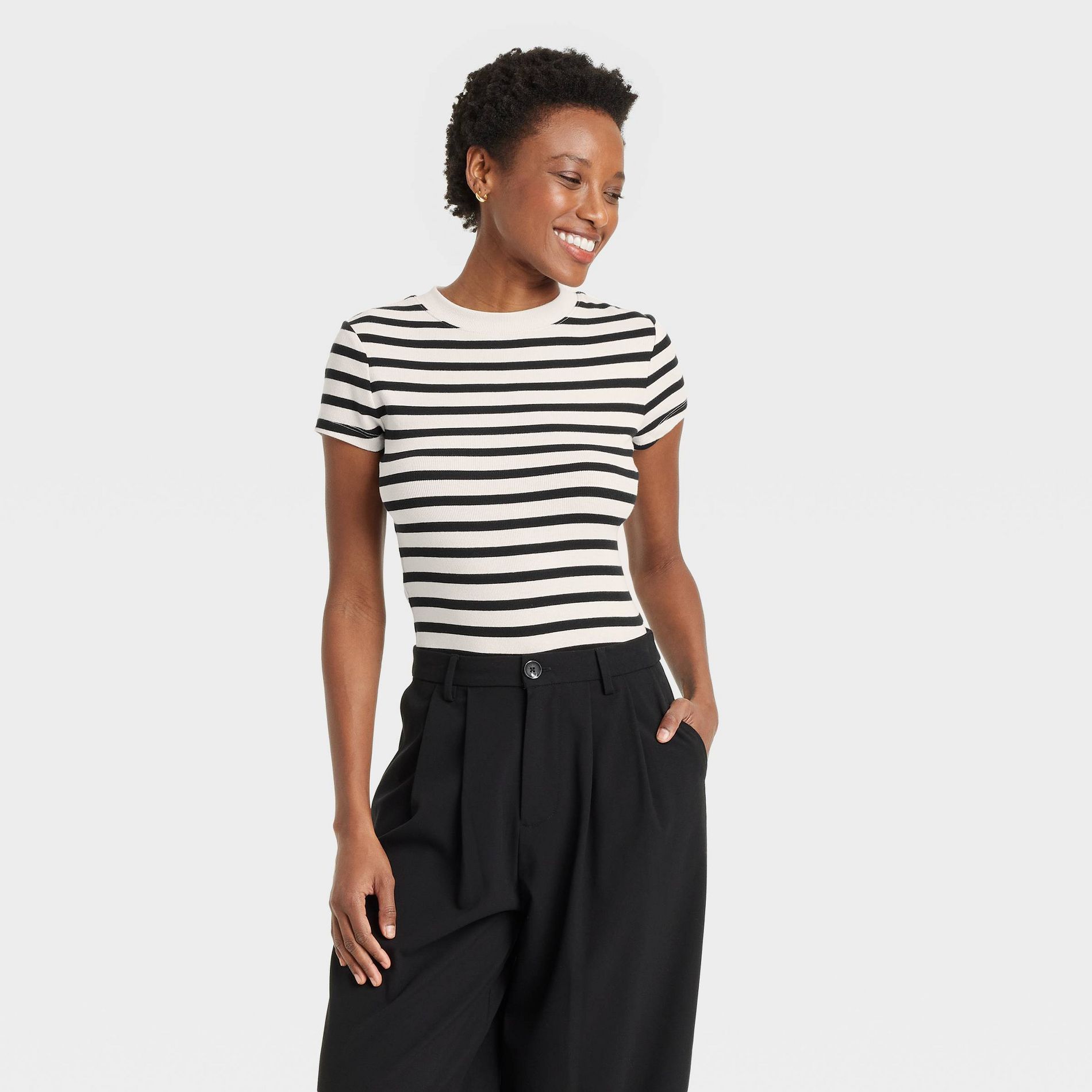 Women's Slim Fit Short Sleeve Ribbed T-Shirt - A New Day™ Cream Striped L: Cotton Modal Blend, Crew Neck, Pullover, Below Waist