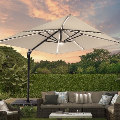 Sonkuki 10×10FT Outdoor LED Cantilever Patio Umbrella w/Base, 360° Rotation and Infinite Canopy Angle Adjustment